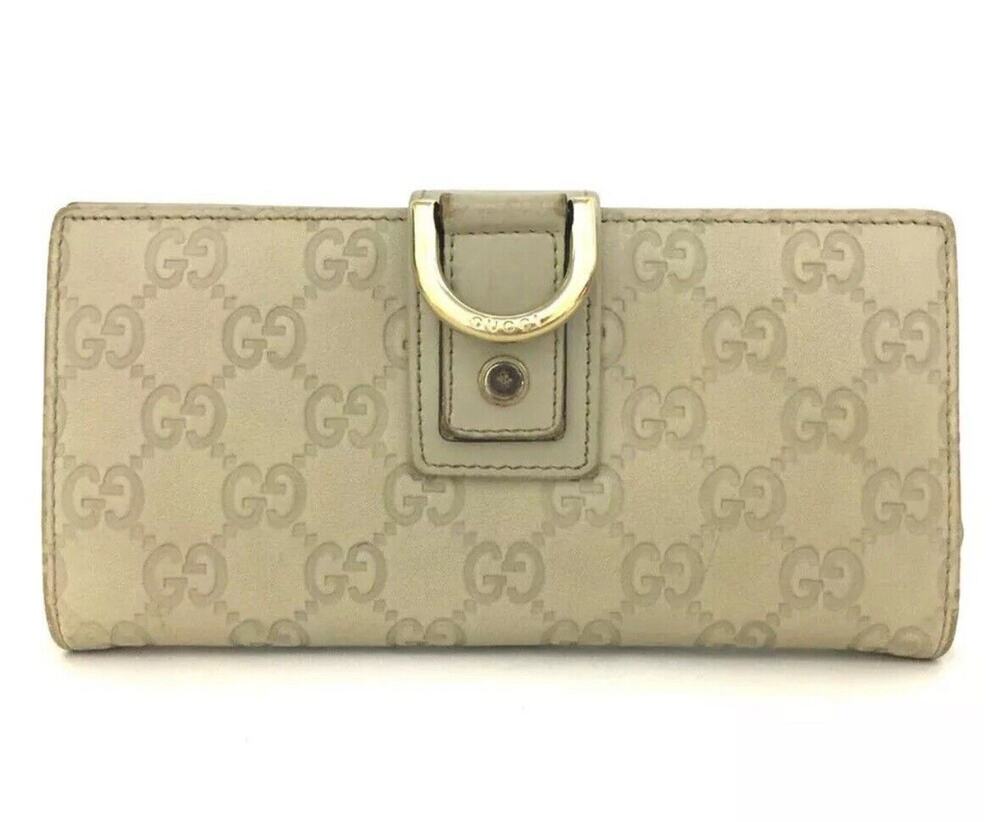 Authentic GUCCI Ssima Abbey GG Logo Leather Long Bifold Wallet Ivory